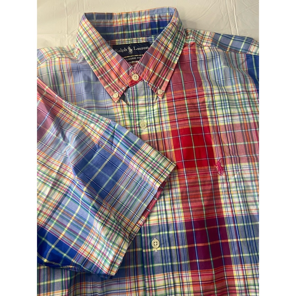 Ralph Lauren Multi-Color Plaid Classic Fit Short Sleeve Button Down-Size L